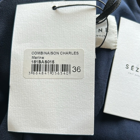 Sezane Combinaison Charles Marine Jumpsuit Tie Back Navy Blue Sz 36 US 4 NEW - Picture 11 of 12